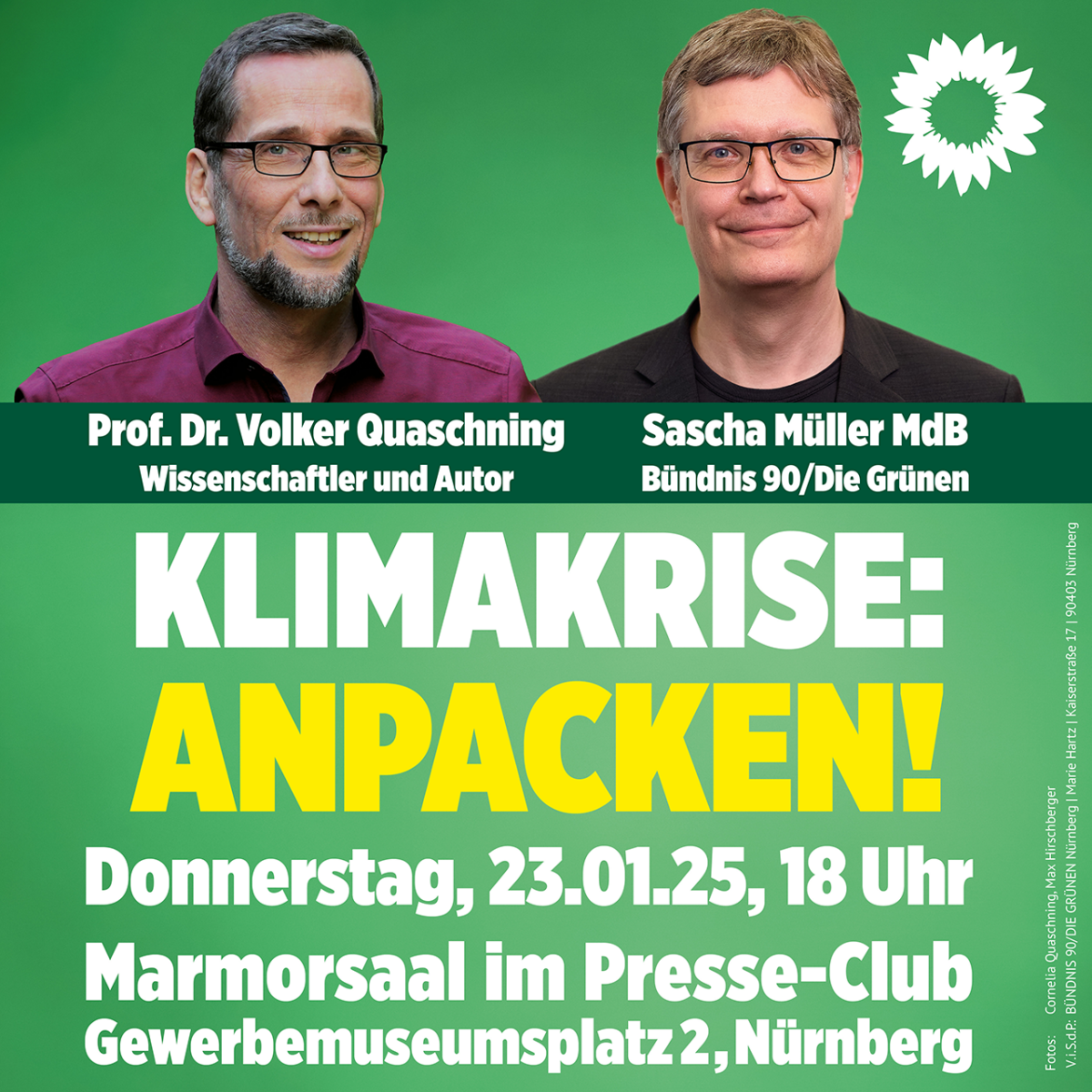 Veranstatlung: KLimakrise: Anpacken! mit Prof. Dr. Volker Quaschning und Sascha Müller MdB am 23.01.2025 im Marmorsaal des Presseclubs