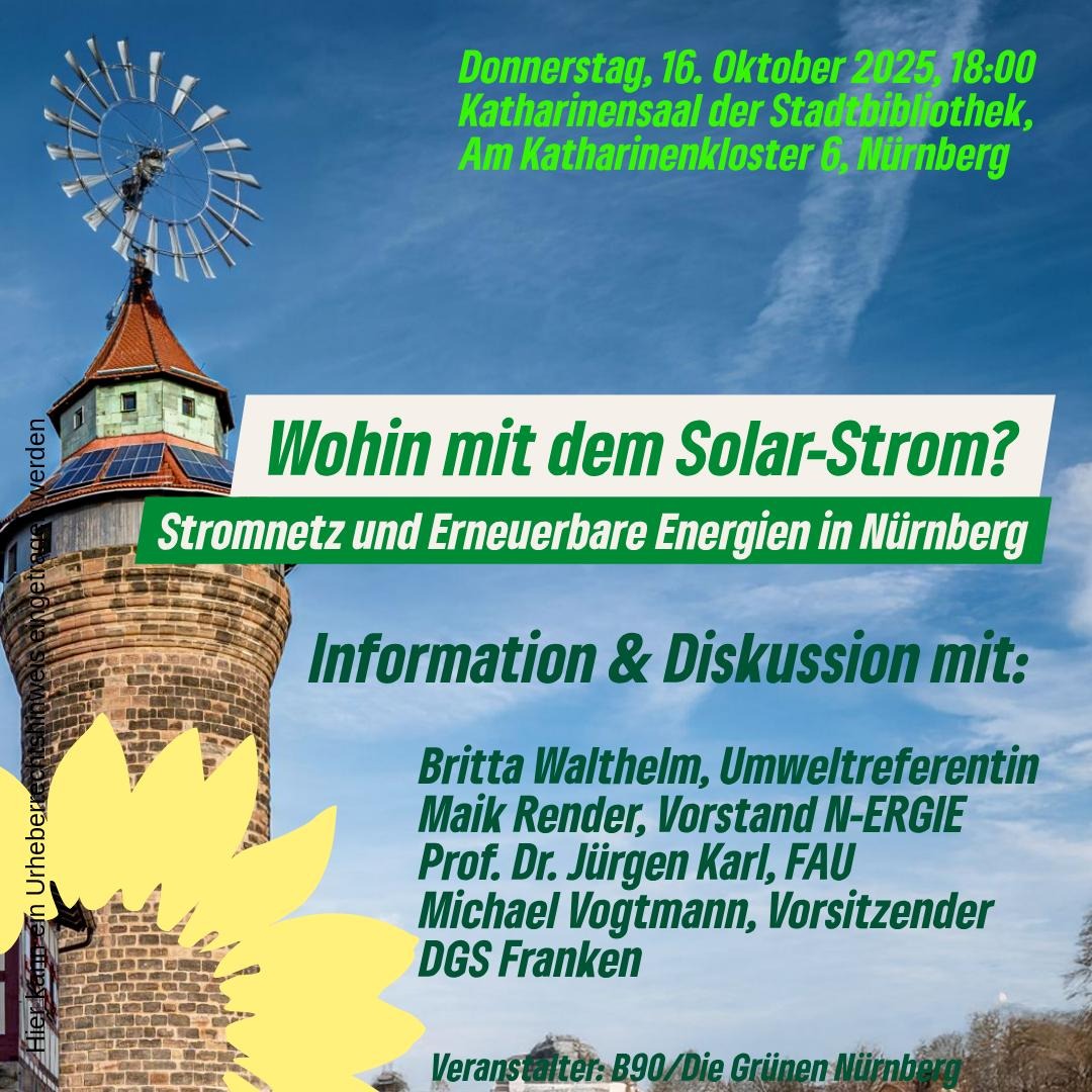 Einladungsbild zur Veranstaltung Stromnetze am 16.10.2025 - Stadtmauertum mit PV, Windrad und Sonnenblumen-Logo. Text wie Text der Veranstaltung.